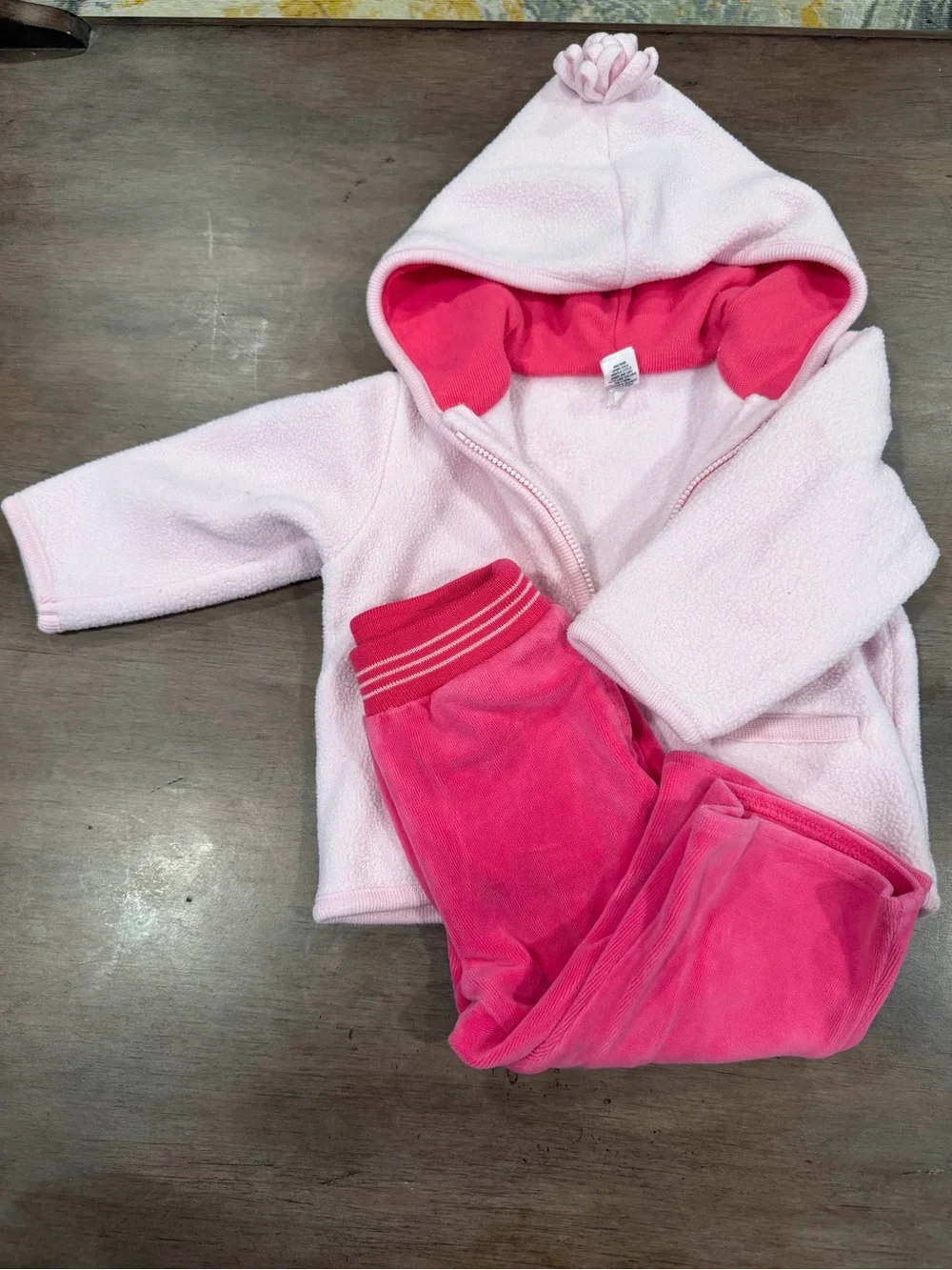 Pink Hooded Jacket & Pink Velour Pants Set with Cream Top 6-12m